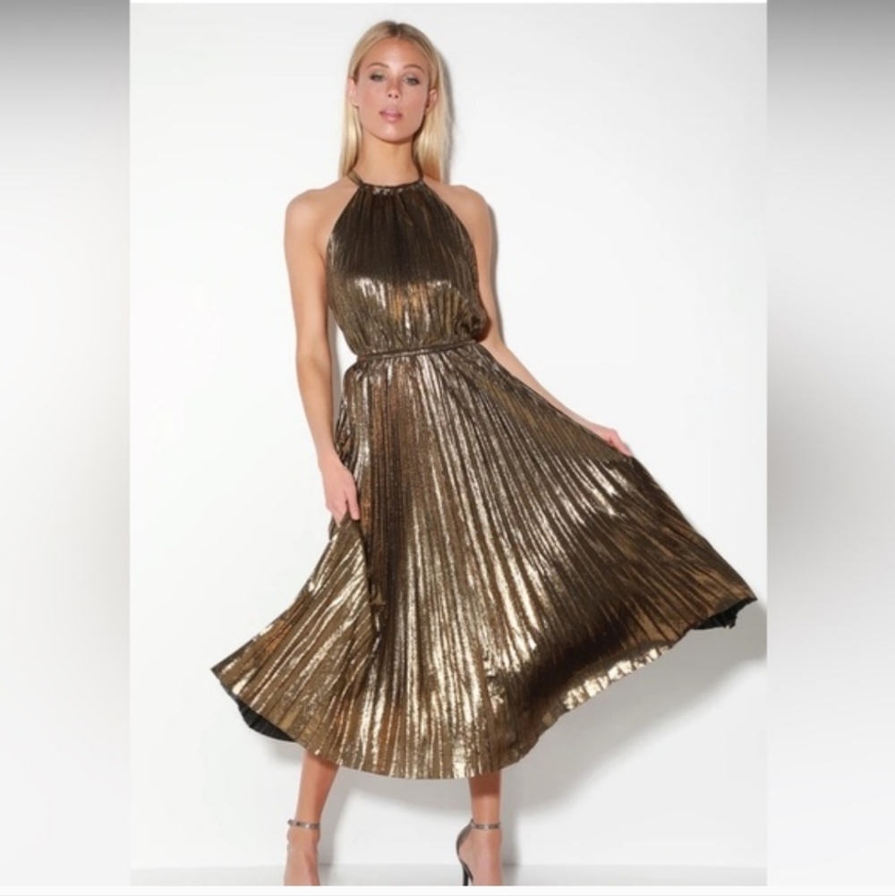 Lucy Paris Christina Pleated Gold Midi Dress, Medium